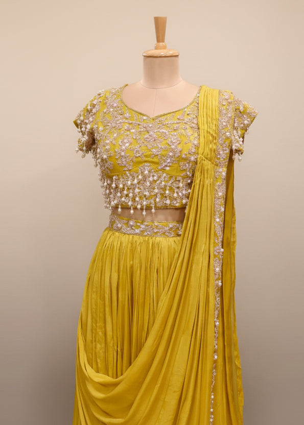 Designer Chinnon Draped Saree with Heavy Embroidered Blouse (Orange & Yellow)