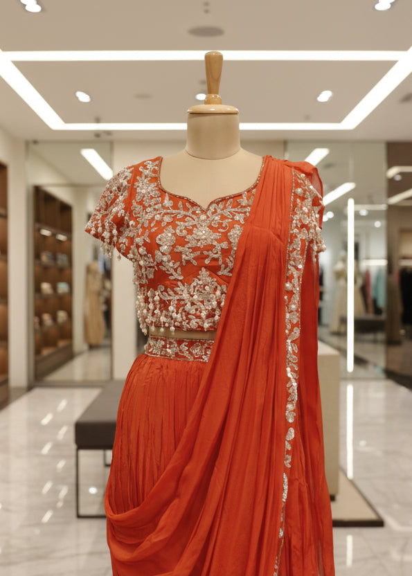 Designer Chinnon Draped Saree with Heavy Embroidered Blouse (Orange & Yellow)