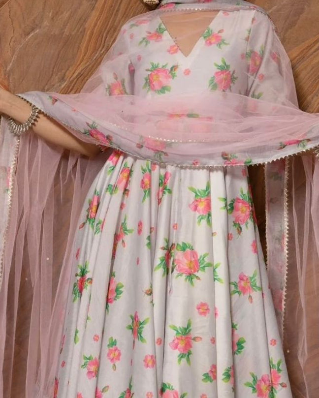 Ivory Pink Floral Chanderi Suit Set with Organza Dupatta