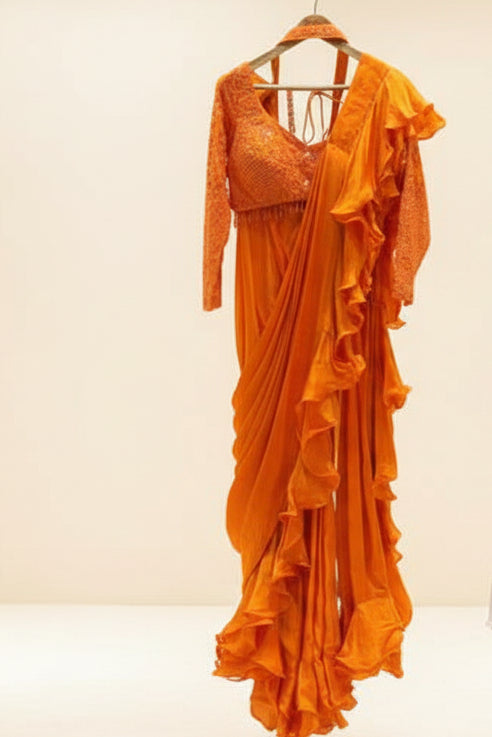 Orange Chinnon Ruffle Saree with Designer Embroidered Blouse