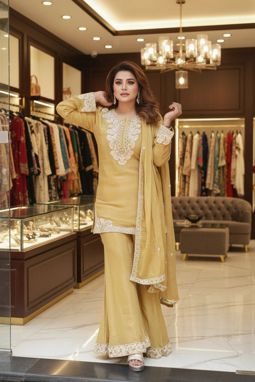 Golden Mustard Chinnon Embroidered Kurta Set with Dupatta