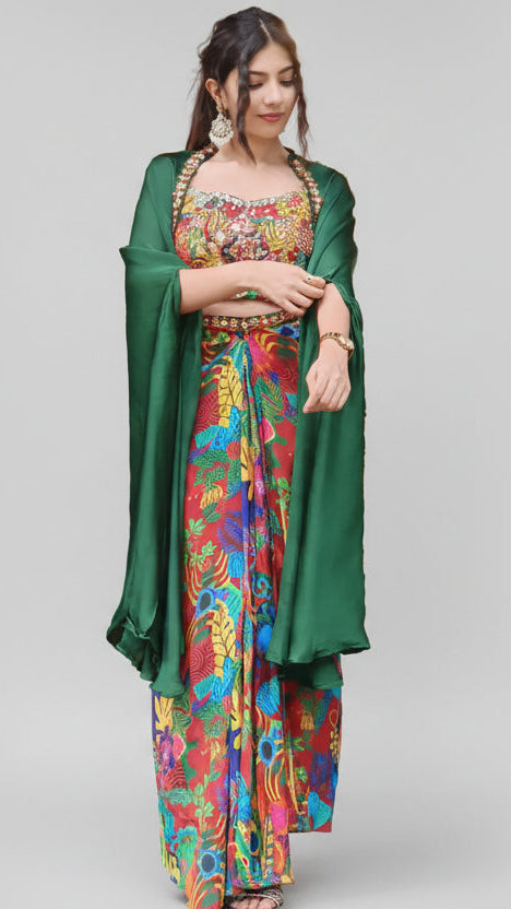 Vibrant Indo-Western Crepe Silk Set with Digital Print & Embroidered Top
