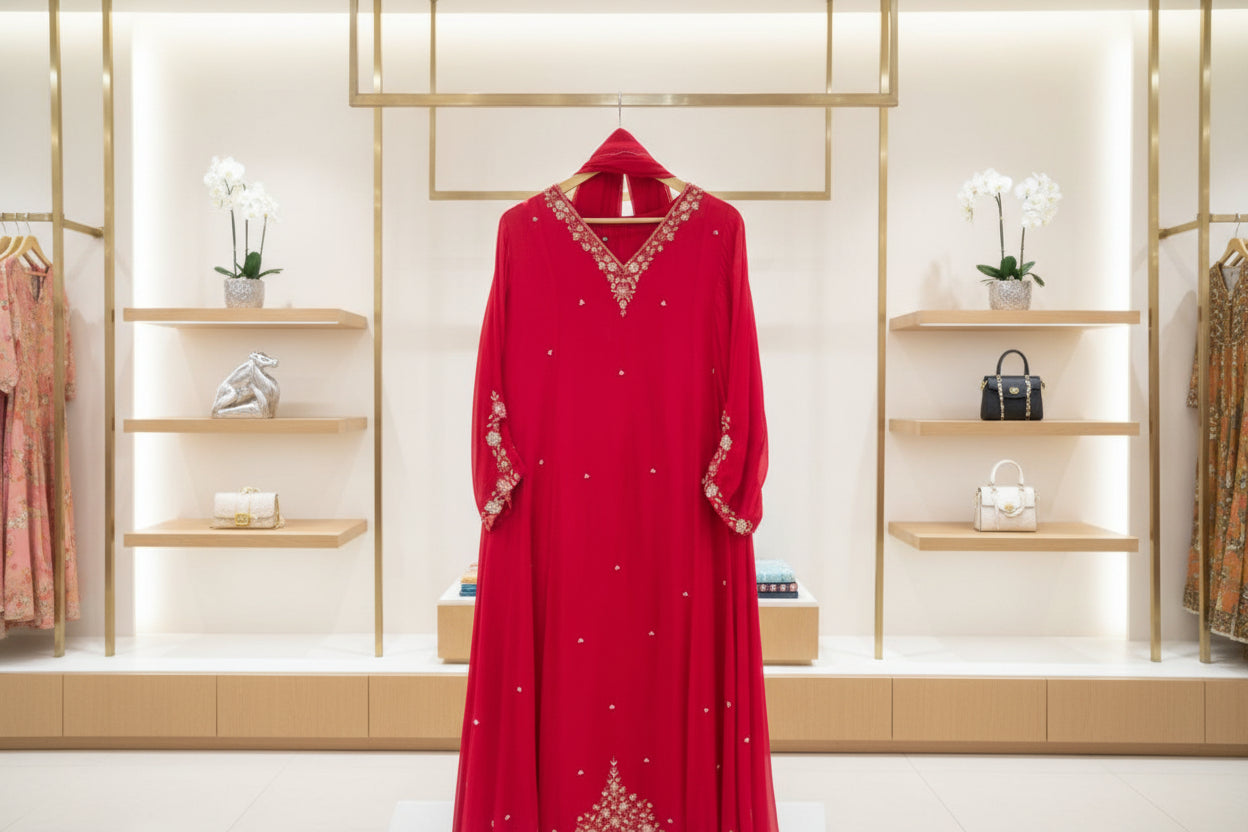 Rani Pink Chinnon Embroidered Anarkali Suit Set with Dupatta & Pants