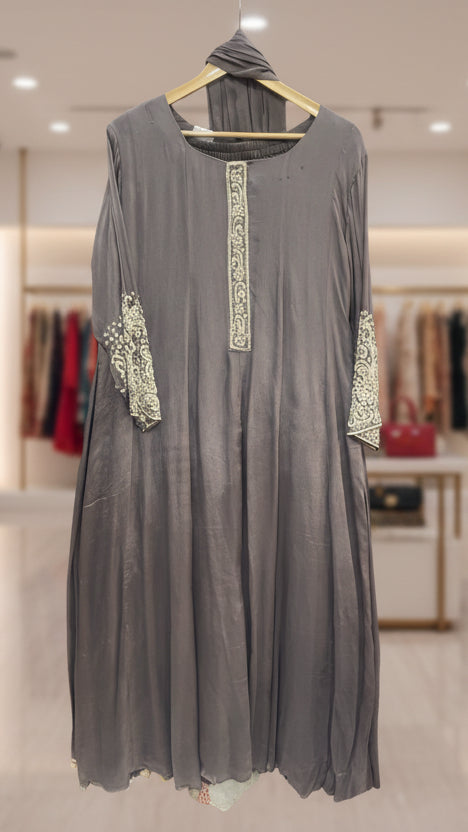 Smoke Grey Chinnon Anarkali Suit Set with Handwork | Dupatta & Pants