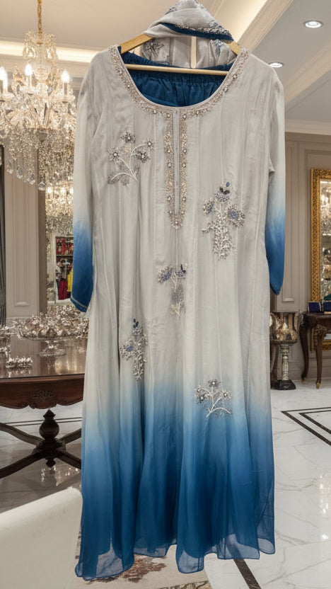Ombre Grey-Teal Chiffon Anarkali Suit Set with Handwork Embellishment