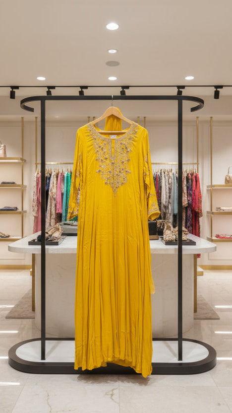 Sunshine Yellow Chinnon Floor-Length Gown Set with Hand Embroidery