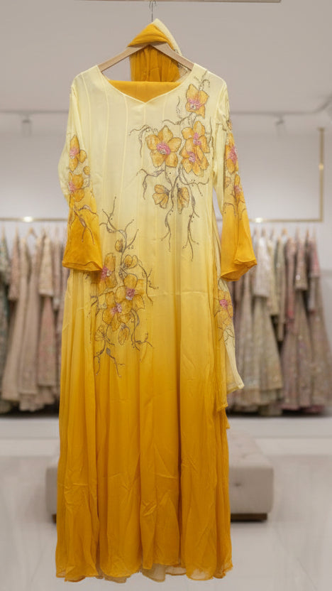 Yellow Ombre Chinon Floor Length Anarkali Suit Set with Brush Paint & Handwork Dupatta |