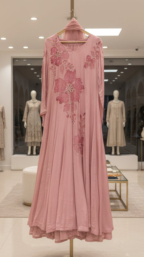 Blush Pink Chinnon Brush-Painted Floor-Length Gown Set with Handwork