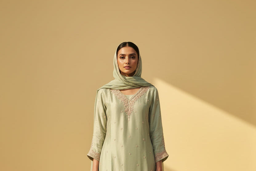 Ivory Beige Mint  Chinnon Handwork Palazzo Suit with Dupatta