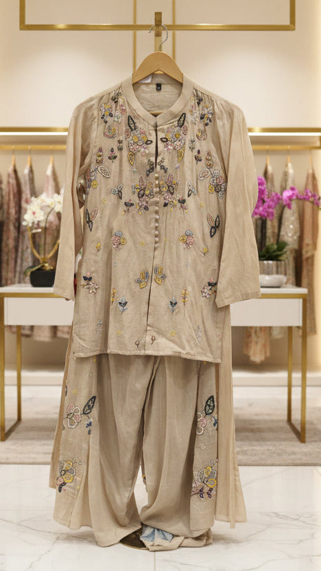 Beige Mul Chanderi Embroidered Kurta Palazzo Set with Dupatta
