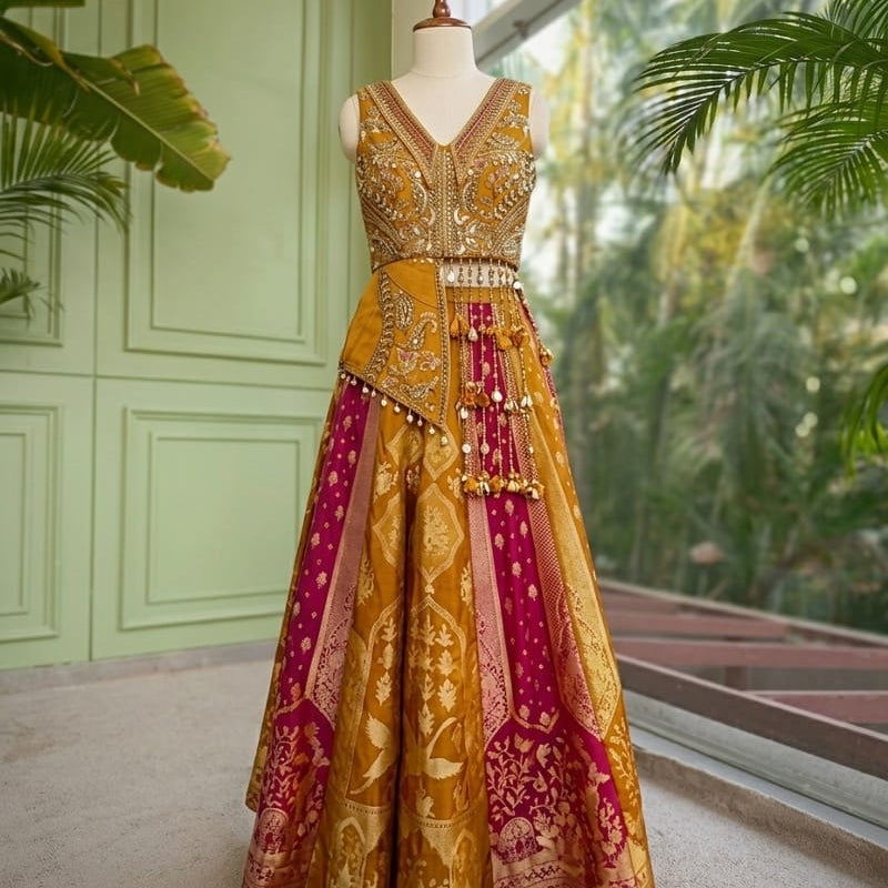 Mustard & Rani Pink Banarasi Silk Brocade Indo-Western Palazzo Set with Tasse