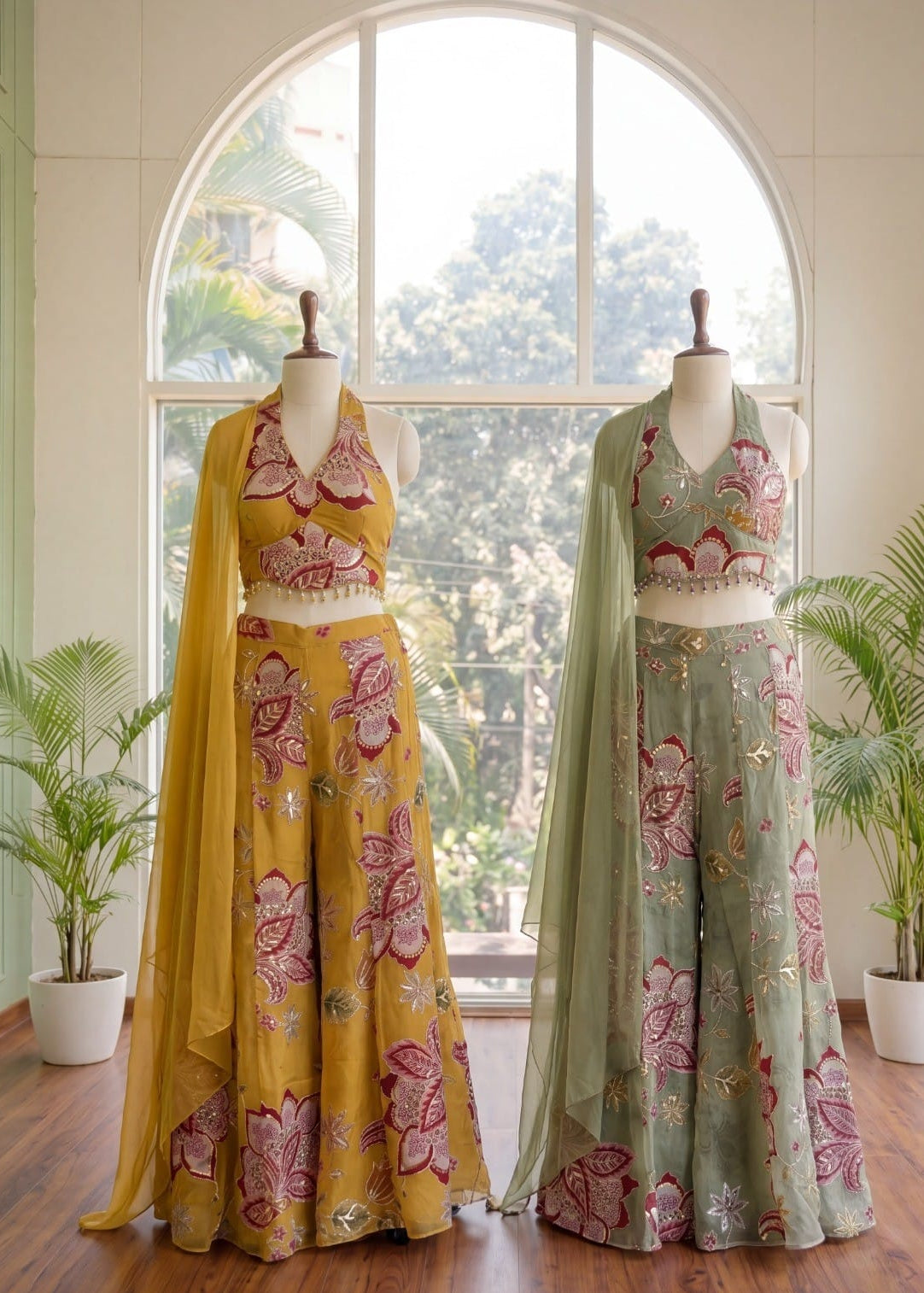 Sage Green and Mustard Embroidered Indo-Western Co-Ord Set with Dupatta