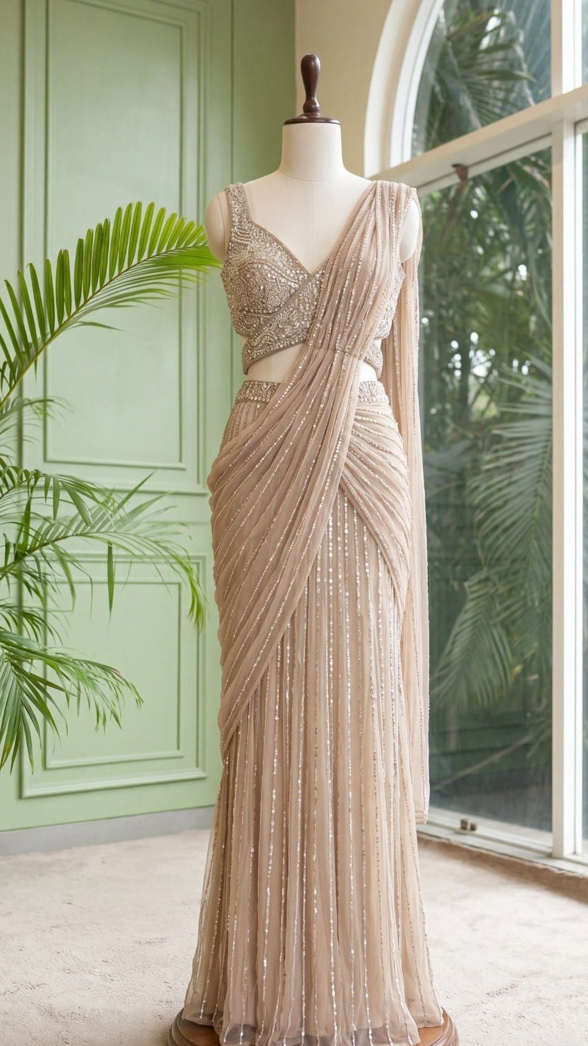 Champagne Beige Beaded Handwork Net & Georgette Designer Darep Saree