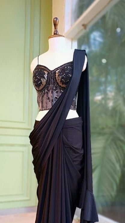 Midnight Black Designer Pre-Draped Saree with Embellished Corset Blouse
