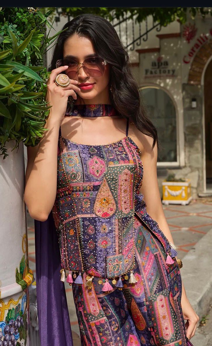 Multicolor Viscose Jacquard Silk Printed Peplum Top & Palazzo Set