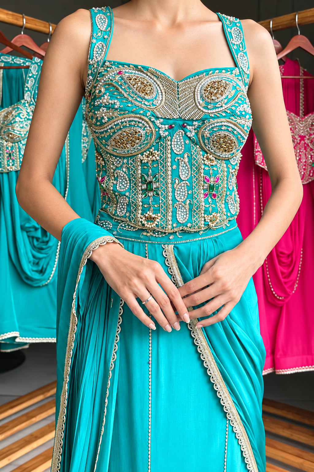 Fuchsia Pink & Turquoise Chinnon Drape Saree with Handwork Corset Blouse