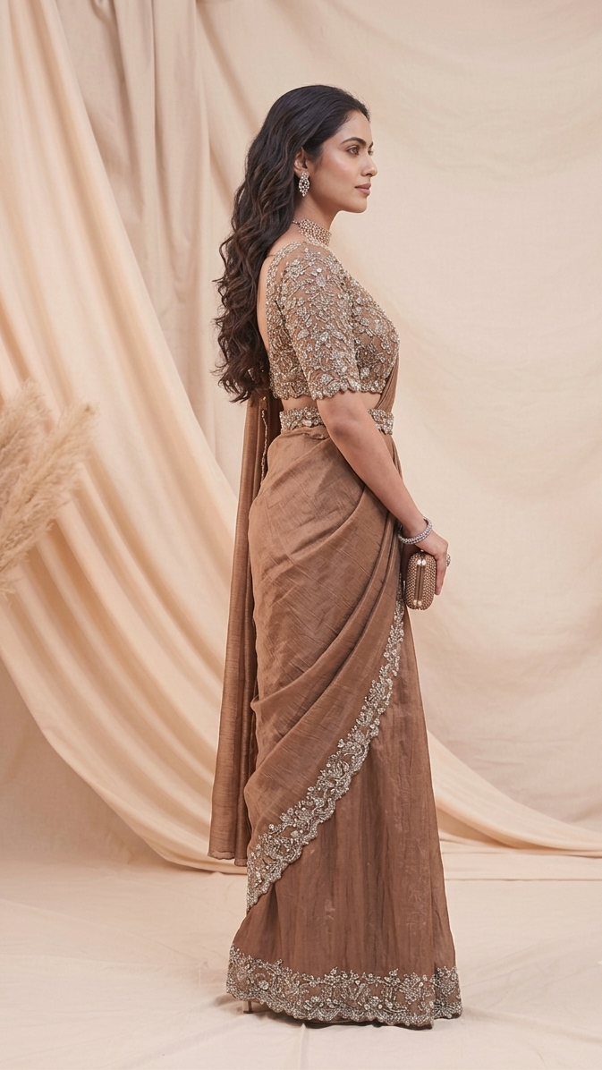 Mocha Brown Embellished Designer Saree with Sequin Blouse