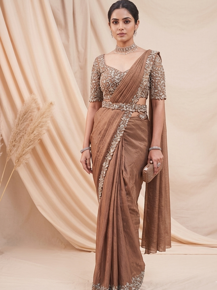 Mocha Brown Embellished Designer Saree with Sequin Blouse