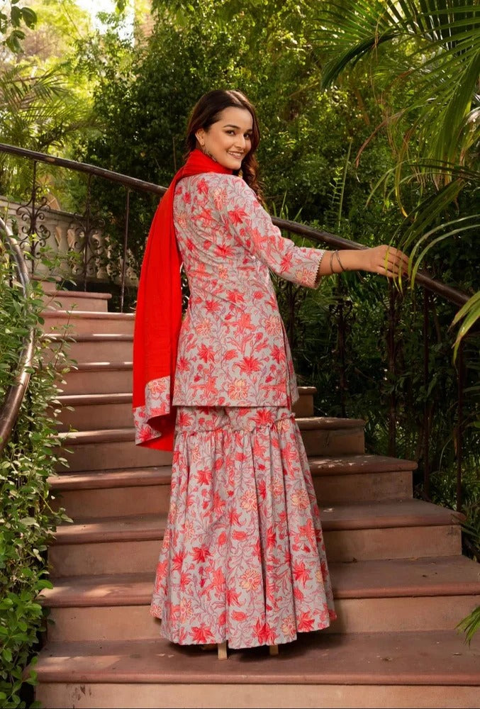 Floral Print Gharara Set with Red Dupatta