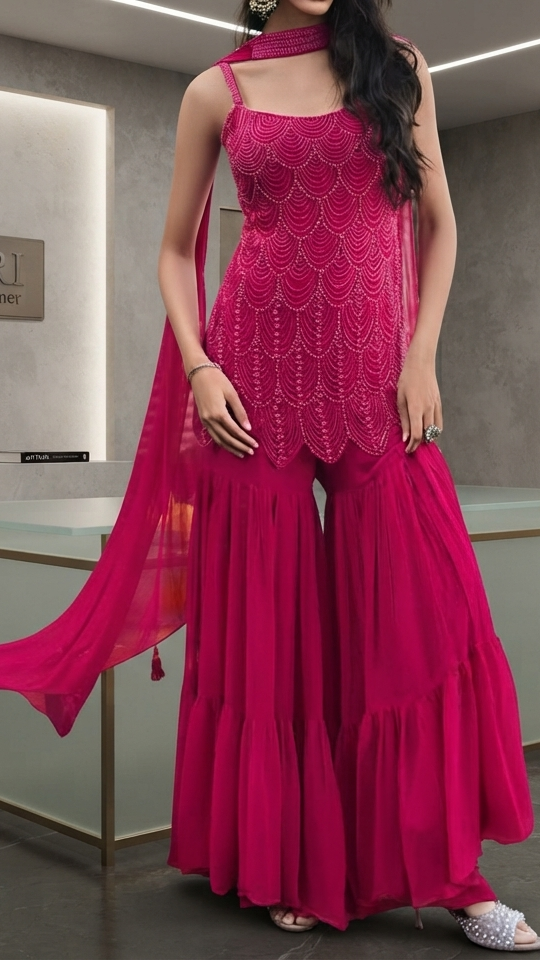 Rani Pink Georgette Hand Beads Embroidered Short Kurti Sharara Set with Choker Dupatta