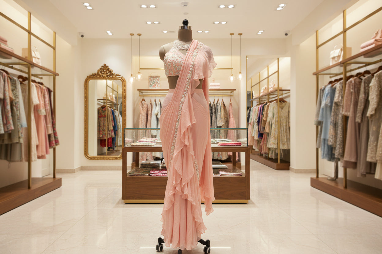 Blush Pink Chinon Ruffle Drape Saree with Embroidered Blouse